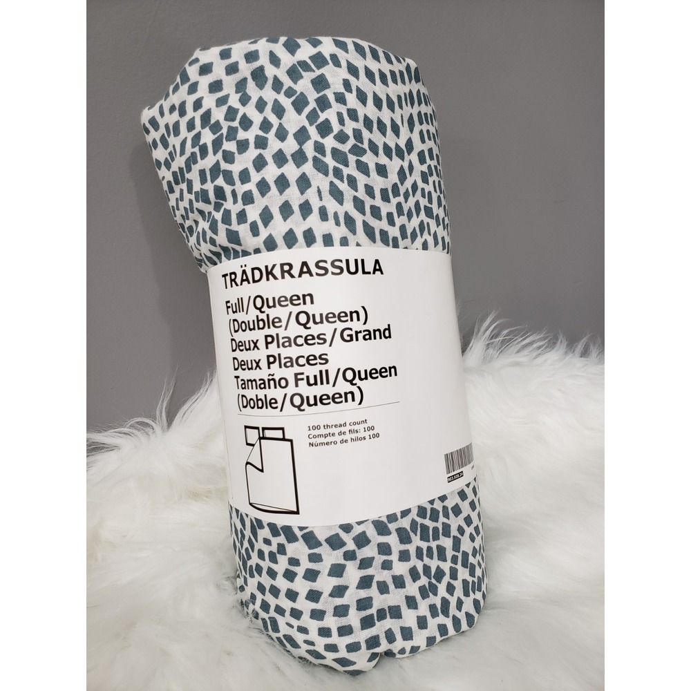 IKEA Tradkrassula Full/Queen Duvet Cover & Pillowcases White Teal Blue Scandi